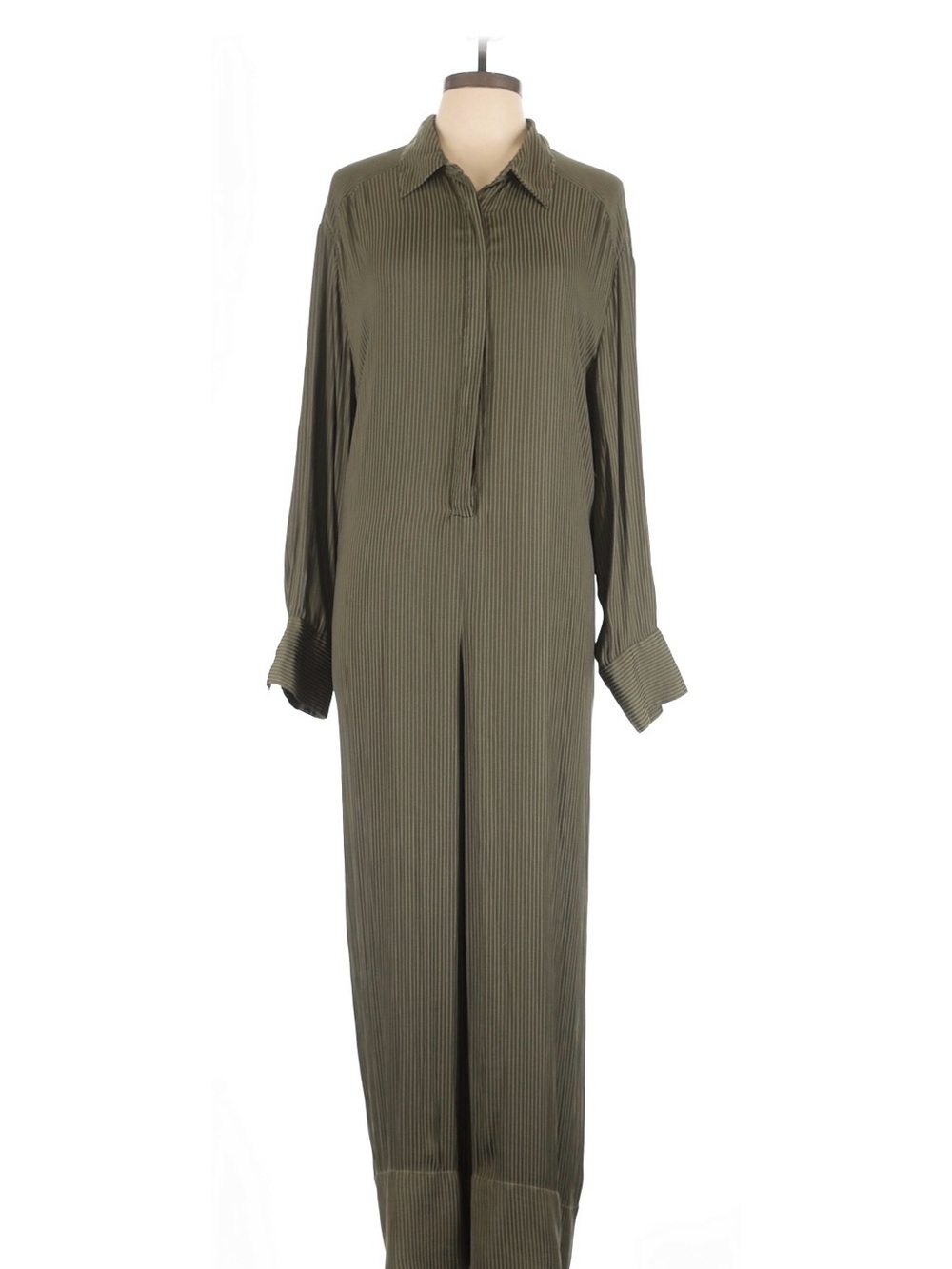 Free People Olive Green Long-Sleeve Collared Flowy Silky Flowy Jumpsuit Women L